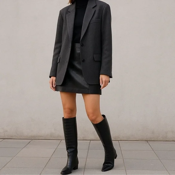 NEW Gianni Bini Black Leather Pointy Toe Croc Emboss Low Heel Knee High Boots 6- - Picture 2 of 14